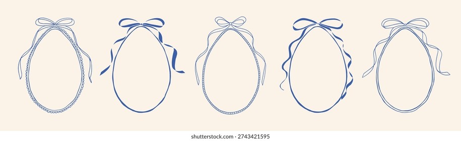 Blue vintage oval Easter frames with egg shape, bows and ribbons, hand drawn doodle style line art. Decorative elegant outlines for greeting card, invitation, wedding design, baby shower, branding, poster, printable layout