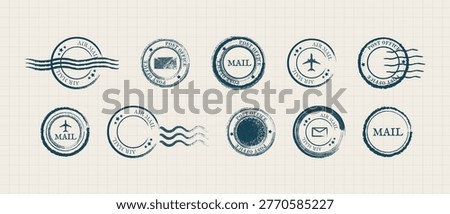 Blue vintage postage stamps set, Postal air mail stamps icons symbols for correspondence letters and travel, Envelopes and shabby textured round signs seal symbols.