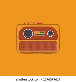 Blue vintage radio on red background. Vector illustration. Flat style.