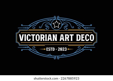 Vintage azul Retro Art Deco Ornamento Marco de borde Real Sello Emblema Sello Sello de marca Sello de marca de diseño Vector