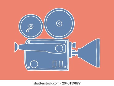 Blue vintage retro movie camera on orange background. Doodle. Hand Drawn. 