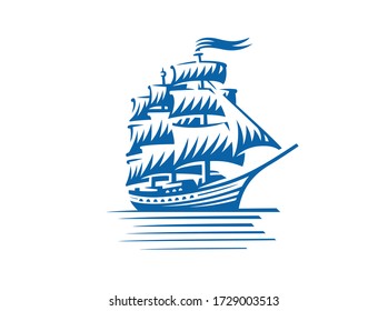 Blue vintage sailing ship. Seafaring, sailer concept. Vector illustration