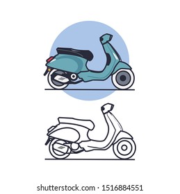 Blue vintage scooter, Flat design vector illustration, urban life 