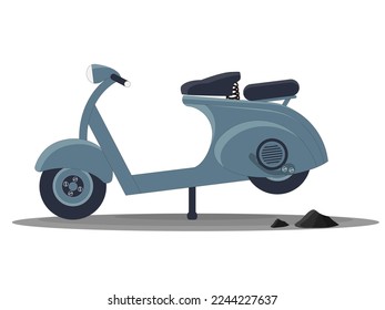Blue vintage scooter with two seats. Motorcycle vector illustration isolated on white background