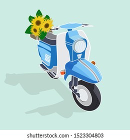 Blue vintage scooter, vector illustration, urban life, ride a motorbike in the city