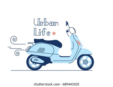 Blue vintage scooter, vector illustration, urban life, ride a motorbike in the city