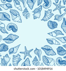 Blue Vintage seafood frame vector illustration. Hand drawn Seashell with ink. Engraved style image