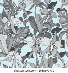 Patrón floral azul vintage sin fisuras con orquídeas y hojas tropicales.
