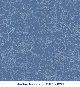Blue vintage seamless pattern with flowers. Endless wallpaper, background, texture, textile, backdrop with floral print. Roses silhouettes in single continuous style. Hand drawn botanic ornament