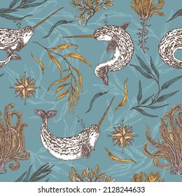 Blue vintage seamless pattern with narwhal and water plant. Color. Engraving style. Vector illustration