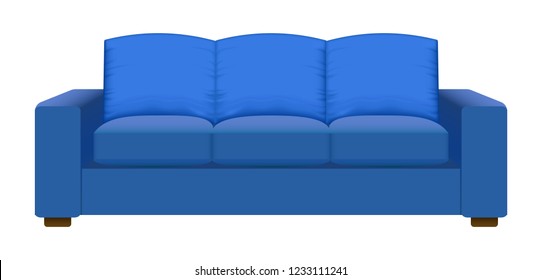 Blue vintage sofa mockup. Realistic illustration of blue vintage sofa vector mockup for web design isolated on white background