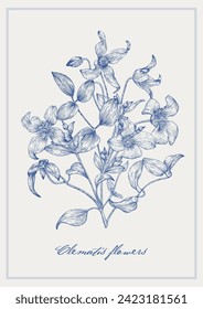 Blue vintage spring bouquet of Clematis flowers on beige background. Floral Vector illustration for design  wedding, greeting card, decor Hand drawn Engraving sketch. Monochrome