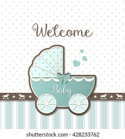 blue vintage stroller on abstract background in srapbooking style, baby shower, vector illustration, eps 10 with transparency