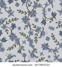 Blue Vintage Stylized Floral Vines on Gray Background seamless pattern print background