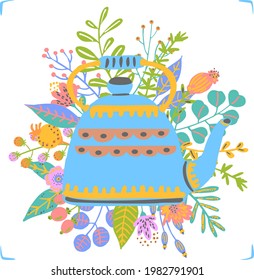 blue vintage tea pot decorated with floral bouquet  isolated vector illustration