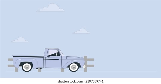 Blue Vintage truck Pickup truck in side view with perspective. Very high quality vector. Classic pickup truck. Flat styled vector illustration.