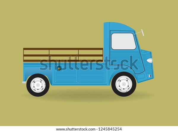 Blue vintage truck side\
view flat paper cut style isolated on background with shadow vector\
illustration