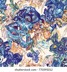 Blue Vintage Vector Botanical Seamless Pattern