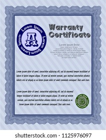 Blue Vintage Warranty Certificate template. With quality background. Nice design. Detailed. 