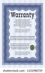 Blue Vintage Warranty Certificate template. Cordial design. Vector illustration. With complex linear background. 