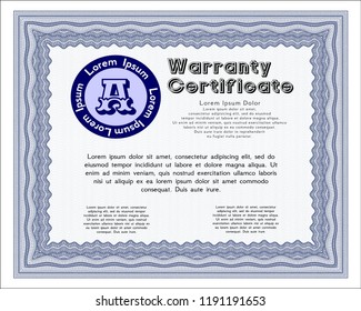 Blue Vintage Warranty Certificate template. Money design. Vector illustration. With great quality guilloche pattern. 