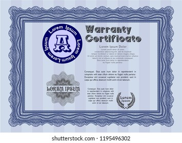 Blue Vintage Warranty Certificate template. With quality background. Detailed. Lovely design. 