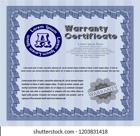 Blue Vintage Warranty Certificate template. Artistry design. Detailed. Complex background. 