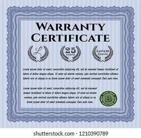 Blue Vintage Warranty Certificate template. Sophisticated design. Detailed. With great quality guilloche pattern. 