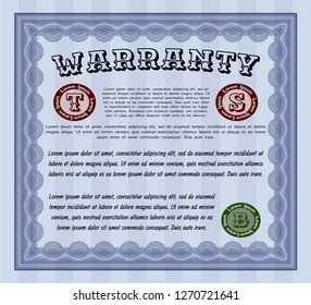 Blue Vintage Warranty Certificate template. With complex linear background. Good design. Detailed. 