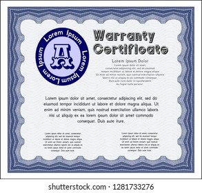 Blue Vintage Warranty Certificate template. Superior design. With complex background. Customizable, Easy to edit and change colors. 