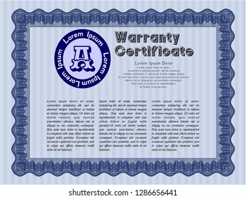 Blue Vintage Warranty Certificate template. With background. Superior design. Detailed. 