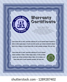 Blue Vintage Warranty Certificate template. With guilloche pattern. Customizable, Easy to edit and change colors. Superior design. 