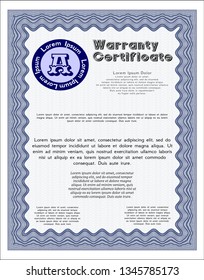 Blue Vintage Warranty Certificate template. With guilloche pattern. Vector illustration. Money Pattern. 