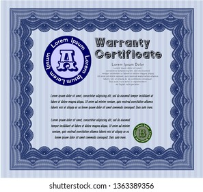 Blue Vintage Warranty Certificate template. Money Pattern design. Customizable, Easy to edit and change colors. Complex background. 