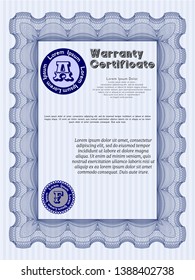 Blue Vintage Warranty Certificate template. With guilloche pattern and background. Money style design. Vector illustration. 