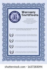 Blue Vintage Warranty Certificate template. Cordial design. Detailed. Complex background. 