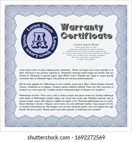 Blue Vintage Warranty Certificate template. With complex linear background. Vector illustration. Excellent design. 