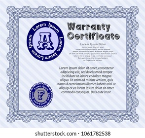 Blue Vintage Warranty template. Complex background. Detailed. Cordial design. 