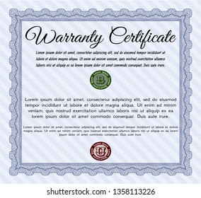 Blue Vintage Warranty template. With complex background. Sophisticated design. Vector illustration. 