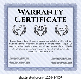 Blue Vintage Warranty template. With great quality guilloche pattern. Retro design. Detailed. 