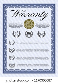 Blue Vintage Warranty template. Nice design. Vector illustration. With complex linear background. 