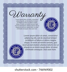 Blue Vintage Warranty template. Retro design. Detailed. With guilloche pattern and background. 