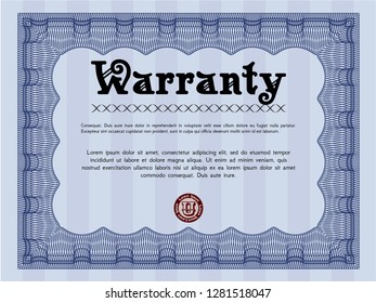 Blue Vintage Warranty template. Vector illustration. With complex background. Money style design. 