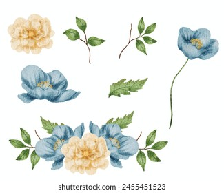 Blue Vintage Watercolor Anemone Flower