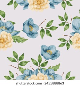 Blue Vintage Watercolor Anemone Flower Seamless Pattern