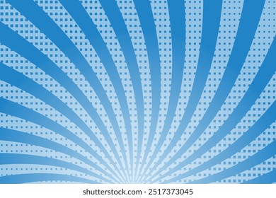 Blue vintage wavy sunburst vector background banner. Carnival circus style. Halftone Comic stripe background. Grunge Sunburst pattern. Comic background with retro rays.