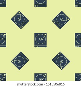 Blue Vinyl player with a vinyl disk icon isolated seamless pattern on yellow background.  Vector Illustration