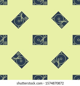 Blue Vinyl player with a vinyl disk icon isolated seamless pattern on yellow background.  Vector Illustration