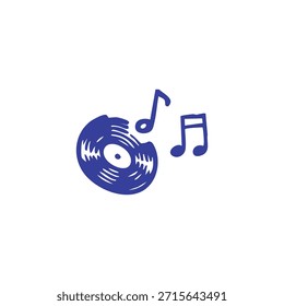 Un disco de vinilo azul junto a dos notas musicales sobre un fondo blanco