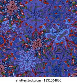 Blue, violet, black and red on colors. Vector illustration. Seamless pattern Abstract nice background. Doodles pattern for wrapping paper.